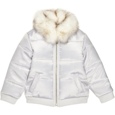 Mini girls silver puffer coat with faux fur